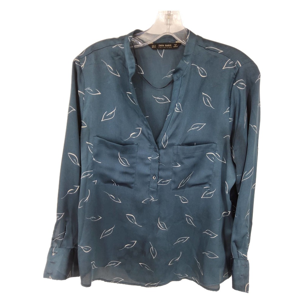 ZARA BASIC Leaf Print Teal Satin Henley Top Sz M